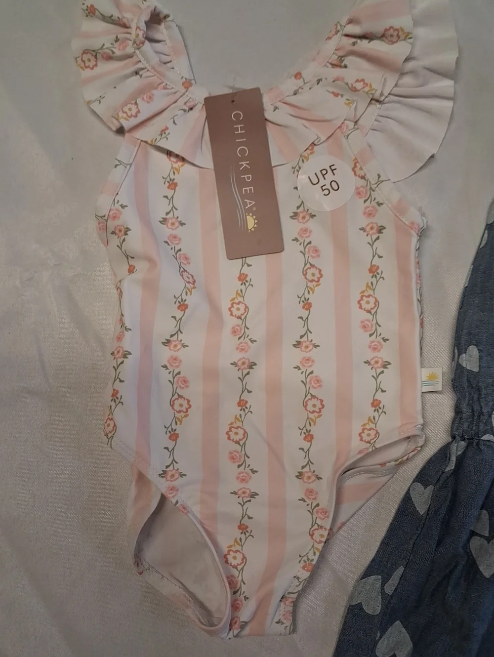 NWT Chickpea Pink Floral Stripe Ruffle Swimsuit & Heart Print Blue Denim Romper